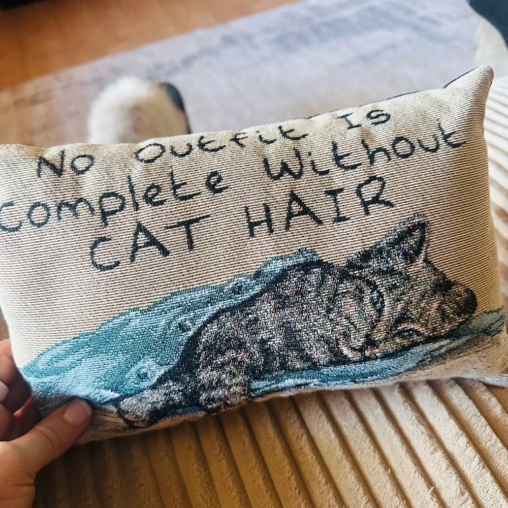 Cat-Themed Decorative Pillow with Blue and Gray Design